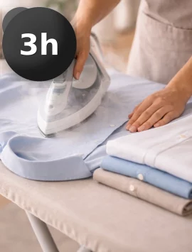 3 horas de planchado a domicilio para una colada media y dejar varias prendas listas y ordenadas.