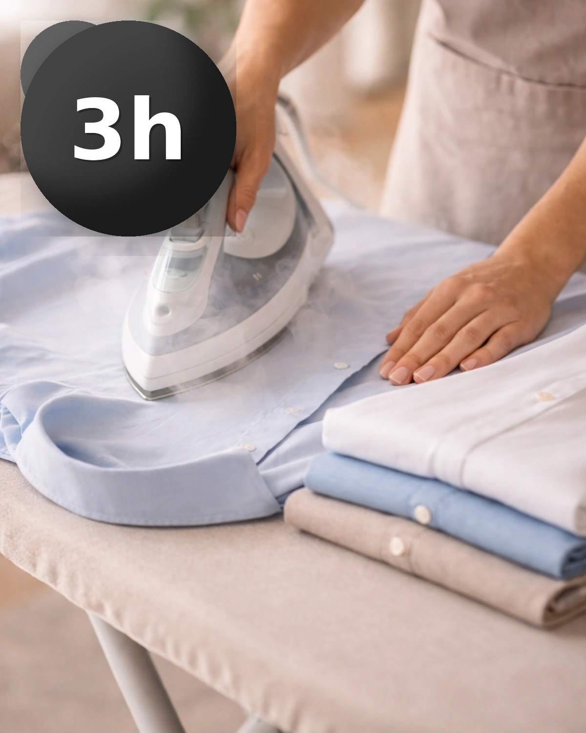 3 horas de planchado a domicilio para una colada media y dejar varias prendas listas y ordenadas.